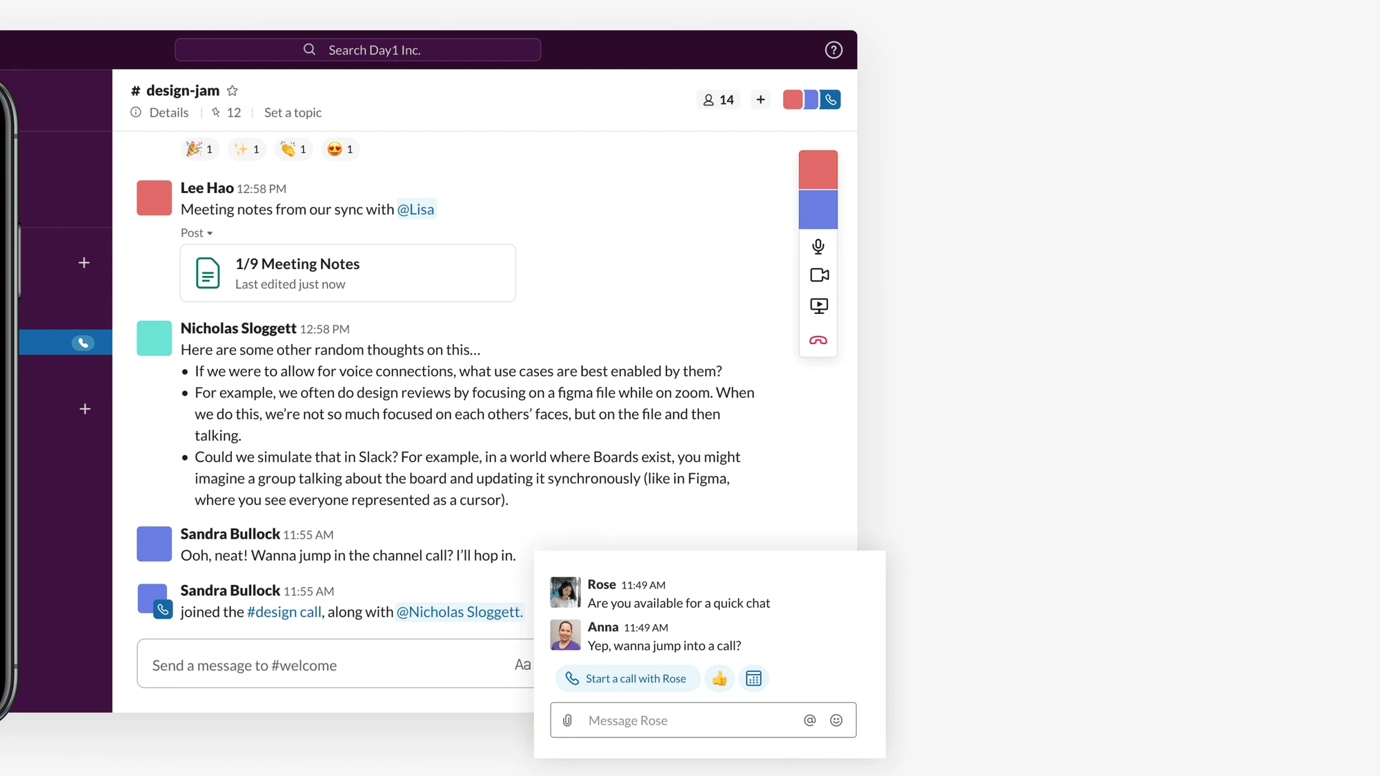 Slack Calls channel with an active call and join controls