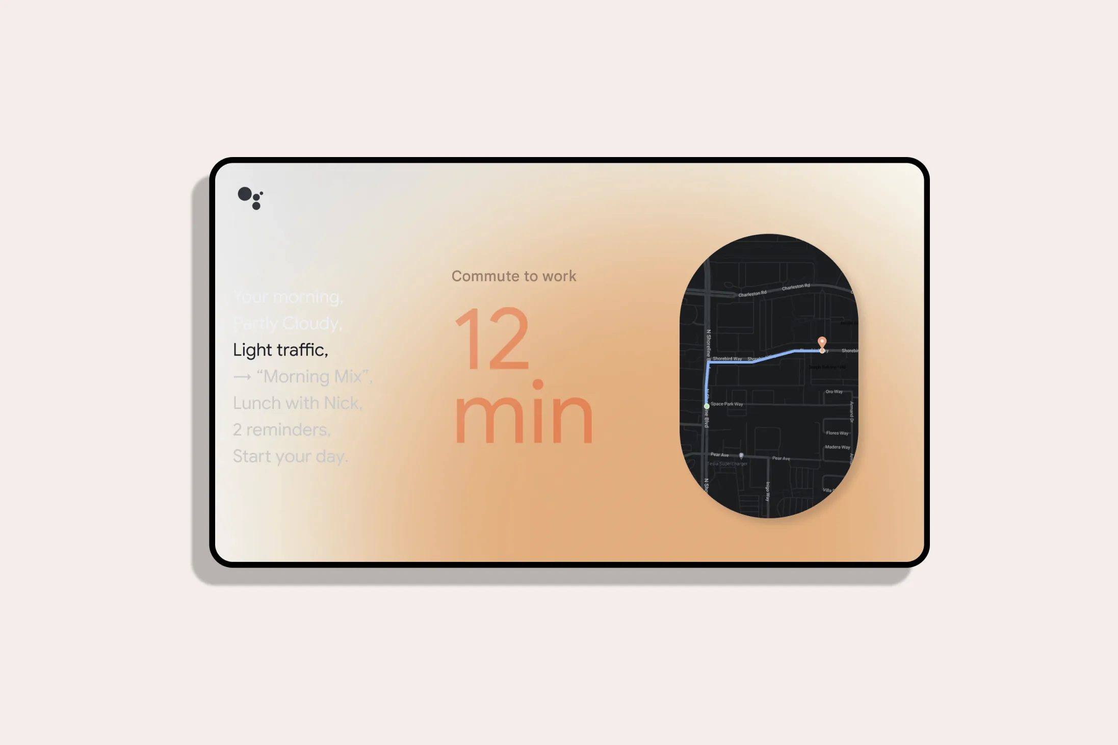Far-field glance showing a morning briefing with commute summary, readable across the room