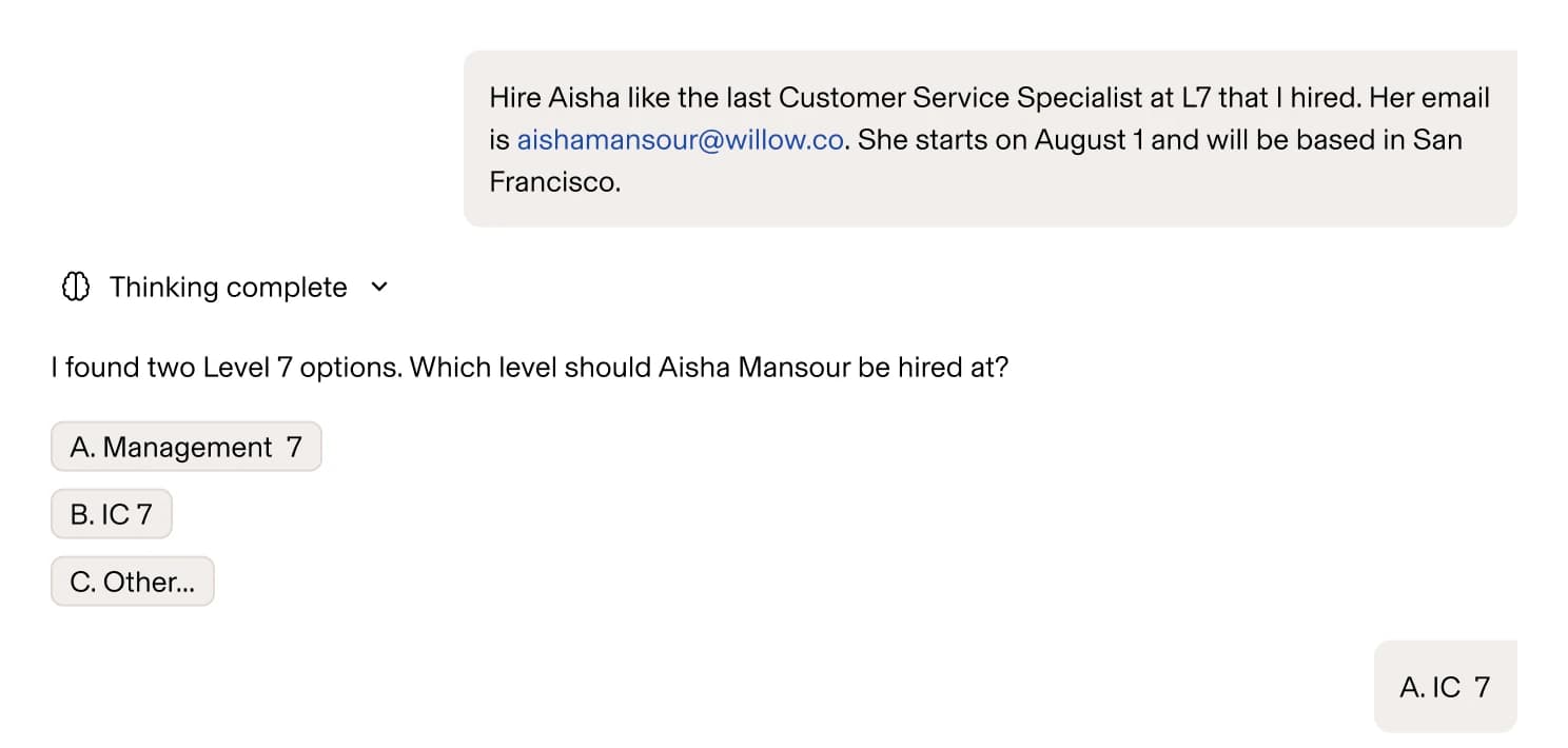 Asked to hire Aisha Mansour like the last Customer Service Specialist at L7, Rippling AI replies that it found two Level 7 options and asks which one, offering A. Management 7, B. IC 7, and C. Other as choices; the person answers IC 7
