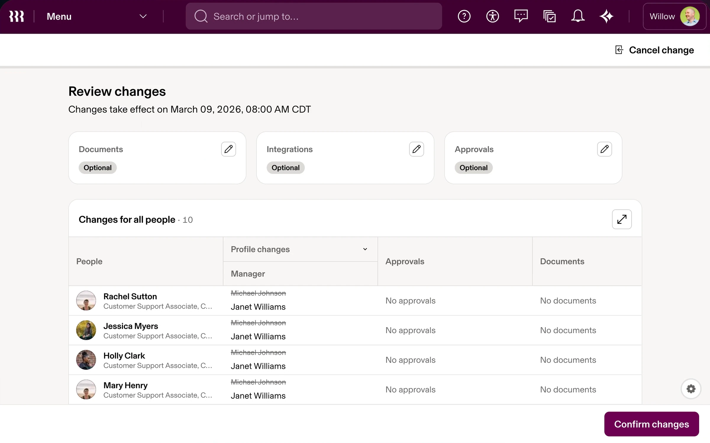 The Review changes screen the request produces: effective date, optional documents, integrations and approvals, and a Changes for all people table with each person's new manager, ending in a Confirm changes button