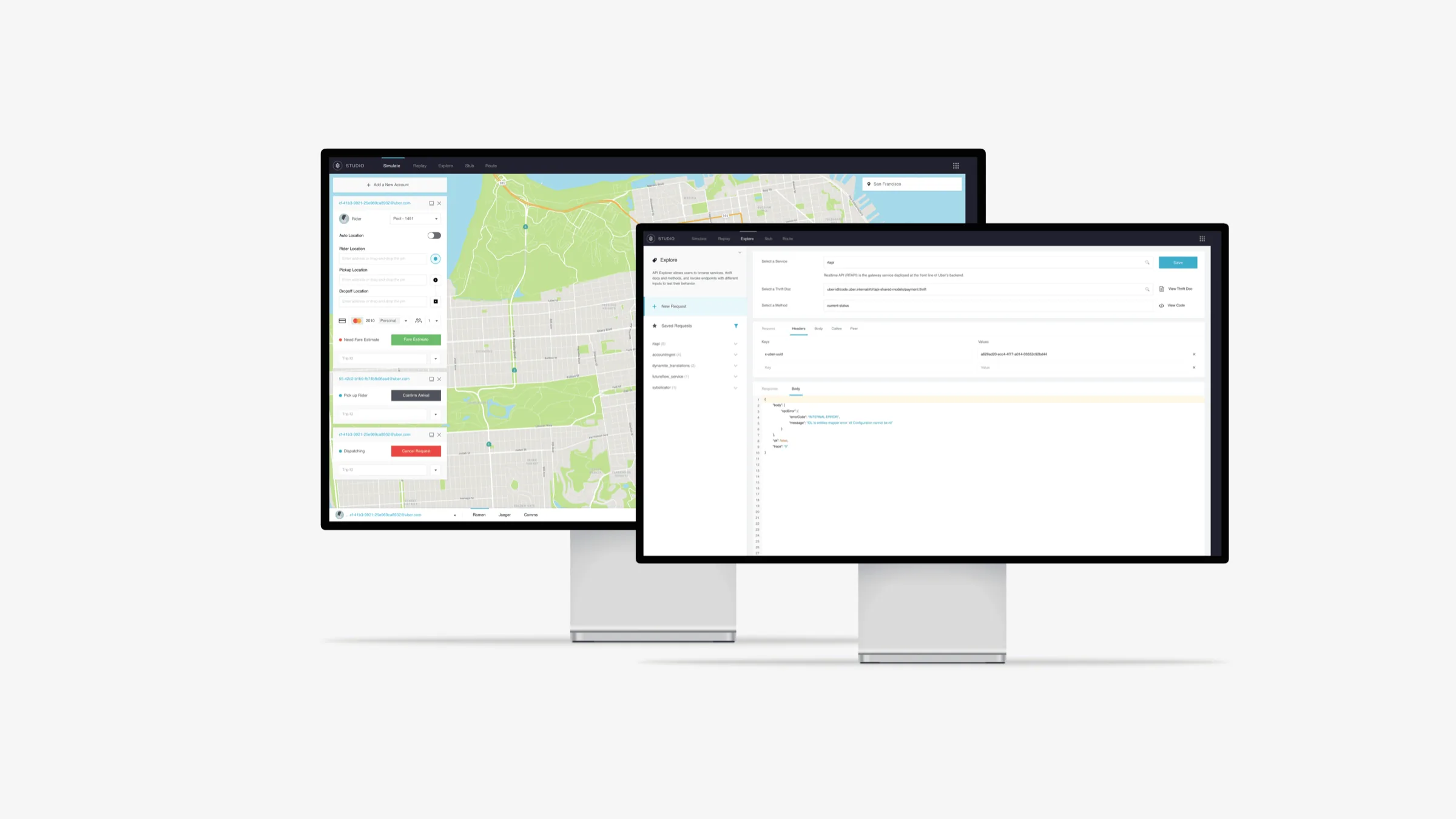 Uber Studio trip simulation against a live map beside the API explorer for internal services